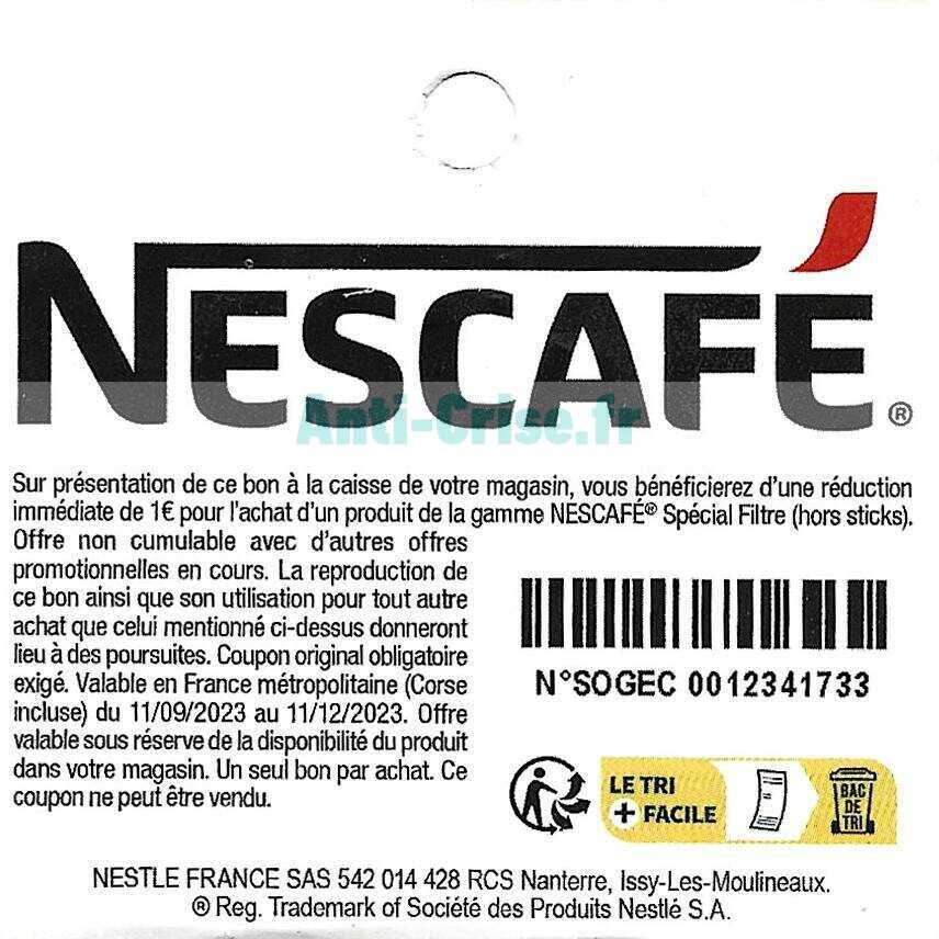 Anti crise fr NESCAFE 1 de réduction jusquau 11 12 2023 Bon de