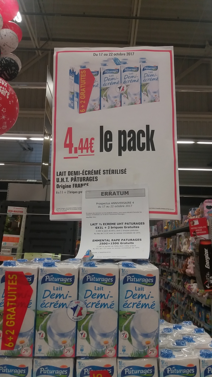 AUCHAN Lait demi-écrémé UHT 8x1L pas cher 