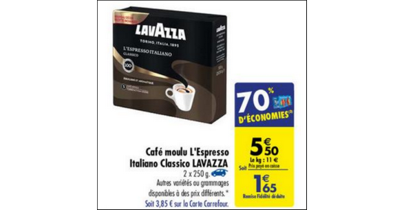 Café moulu LAVAZZA : la boite de 250g à Prix Carrefour