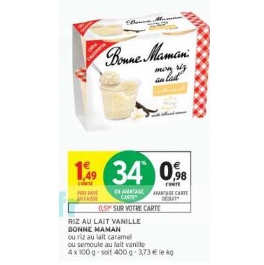 BONNE MAMAN Riz au lait à la vanille naturelle 4x100g pas cher 