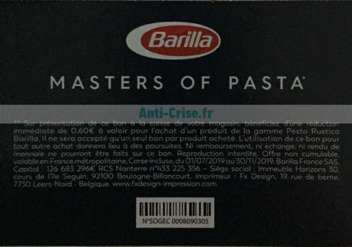 Anticrise.fr Barilla 0.6 € de réduction jusqu’au 30/11/2019 (Bon de réduction en magasin