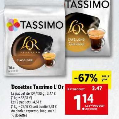 Café dosettes café Long L'OR TASSIMO : le paquet de 16 dosettes à Prix  Carrefour