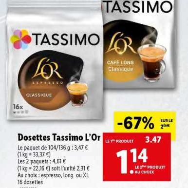 Café dosettes café long classique L'OR TASSIMO : le paquet de 16 dosettes à  Prix Carrefour