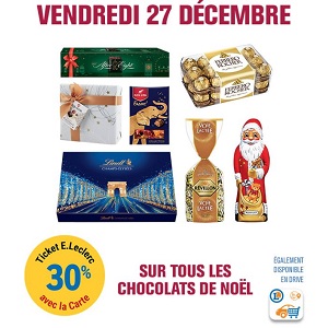 Leclerc : 30% de Remise Fidélité sur tous les Chocolats de  Noël le 27/12Leclerc : 30% de Remise Fidélité sur tous les Chocolats de Noël  le 27/12 - Catalogues Promos