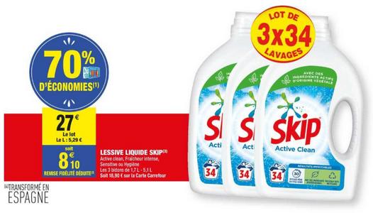 SKIP Lessive Liquide Active clean - 34 lavages - 1,7L