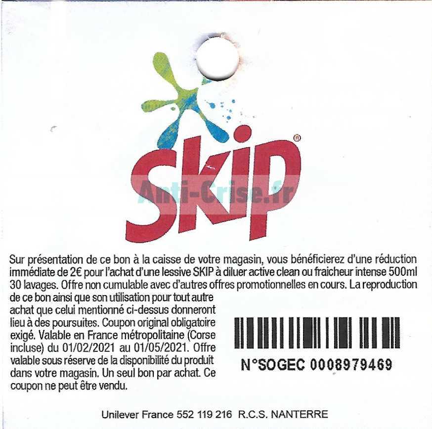 Anticrise.fr Skip 2 € de réduction jusqu’au 01/05/2021 (Bon de réduction en magasin)Skip