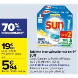 Tablette lave vaisselle purifie et protège SUN : la boîte de 48