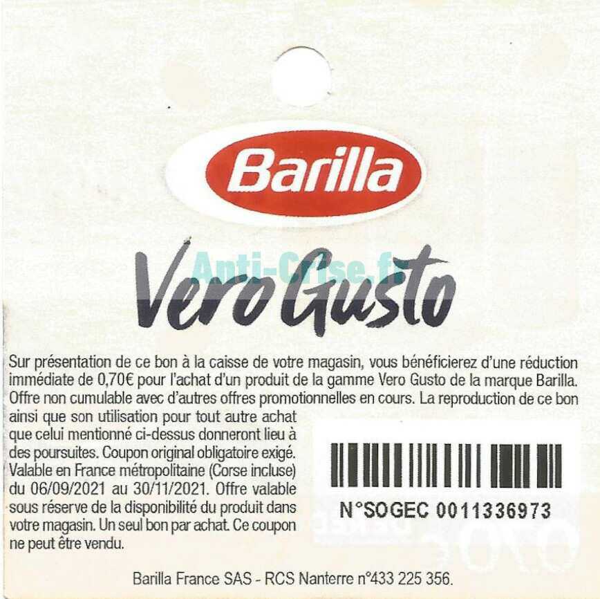 Anticrise.fr Barilla 0.7 € de réduction jusqu’au 30/11/2021 (Bon de réduction en magasin