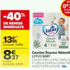 Promo Couches Douceur Naturelle LOTUS BABY Taille 2 (x45), 3(x43) chez  Carrefour