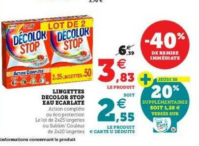 Lingette Anti-Décoloration Décolor Stop EAU ECARLATE : la boite de 50  lingettes à Prix Carrefour
