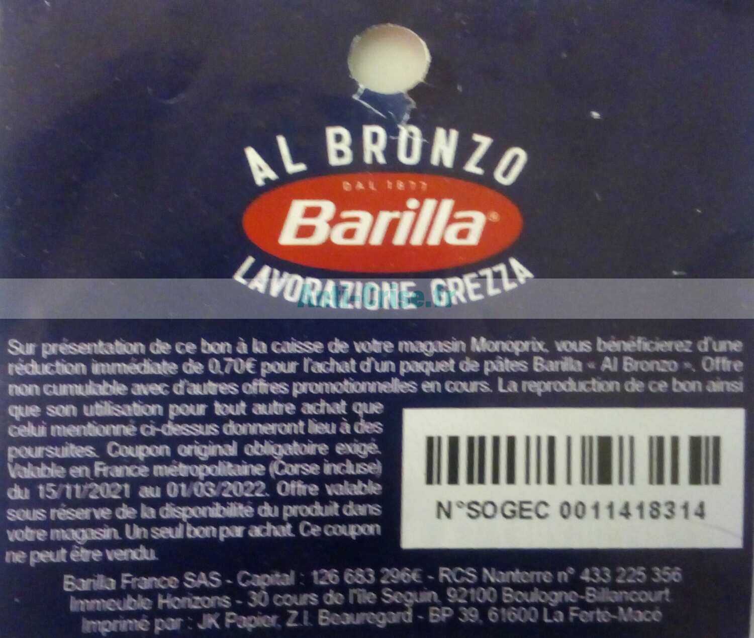 Anticrise.fr Barilla 0.7 € de réduction jusqu’au 01/03/2022 (Bon de réduction en magasin