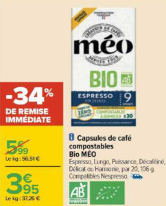 Capsules Espresso Bio Cafés Méo x20 compatibles Nespresso®