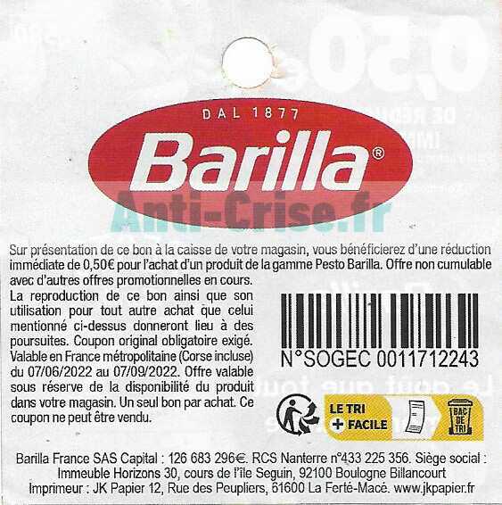 Anticrise.fr Barilla 0.5 € de réduction jusqu’au 07/09/2022 (Bon de réduction en magasin
