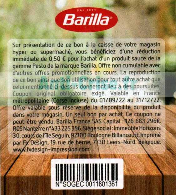 Anticrise.fr Barilla 0.5 € de réduction jusqu’au 31/12/2022 (Bon de réduction en magasin