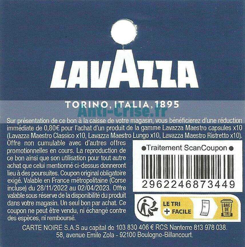 Anticrise.fr LAVAZZA 0.8 € de réduction jusqu’au 02/04/2023 (Bon