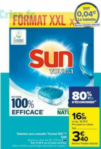 Promo Capsules Lave-vaisselle(d) SUN Brillant, Dégraissant ou Anti-calcaire,  par 28. chez Carrefour