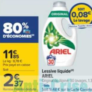 Lessive Ariel pas chère : -70% Carrefour et bon de réduction