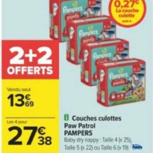 Couches-culotte taille 8 : 17 kg et + baby dry PAMPERS : le paquet de 27  couches à Prix Carrefour