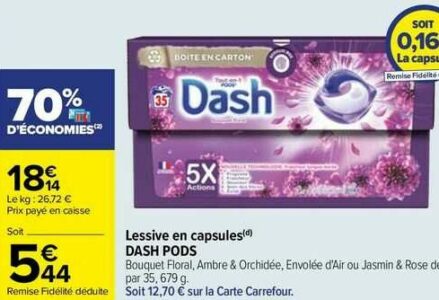 Lessive Capsule Souffle Précieux Tout En 1 Pods DASH : la boîte de 30  capsules à Prix Carrefour