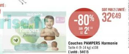 Promo Couches bébé PAMPERS Harmonie Taille 4 (9-14 kg) x 80 chez  Hypermarché Casino