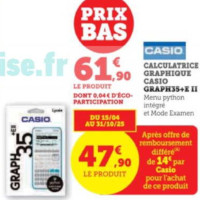 Calculatrice Graph 35+E II CASIO chez Magasins U (16/07 – 31/10)