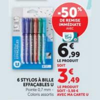 Magasins U : 50% sur Stylos à bille effaçables U (15/07 – 09/08)